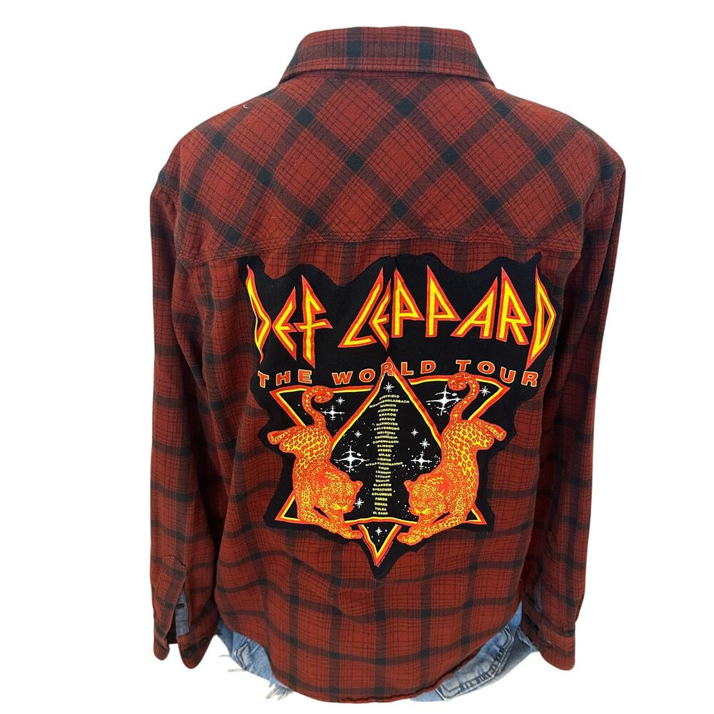 Def Leppard Plaid Flannel Shirt LARGE World Tour Concert Oversize Upcycle Unique